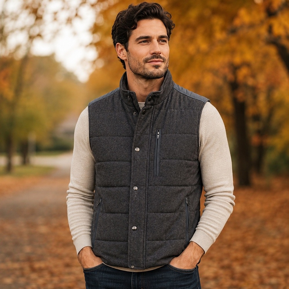 Banana Republic Quilted Wool-Blend Puffer Vest in Charcoal with Navy Trim